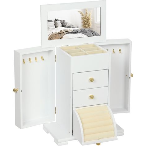 Coffre à Bijoux Femme 4 Niveaux, Boîte à Bijoux en Bois avec Ailes, Miroir et 2 Tiroirs, 26,5x16x33,5 cm, Blanc (1/5)