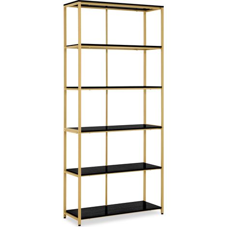 BarberPub Bücherregal Gold, Standregal mit 5 Ebenen, Büroregal mit Metallrahmen, Regal für Büro, Wohnzimmer, Schlafzimmer, Küche, Nagelstudio, Marmor-Schwarz, 30x80x180cm, 5166