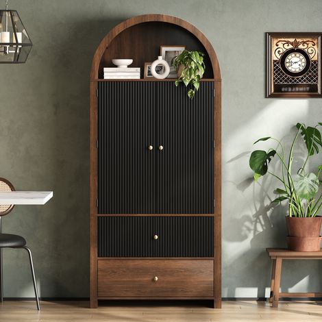 Armadio vetrina 80x40x180 cm nero e noce in MDF con vano aperto, 2 cassetti e ripiani interni (1/5)