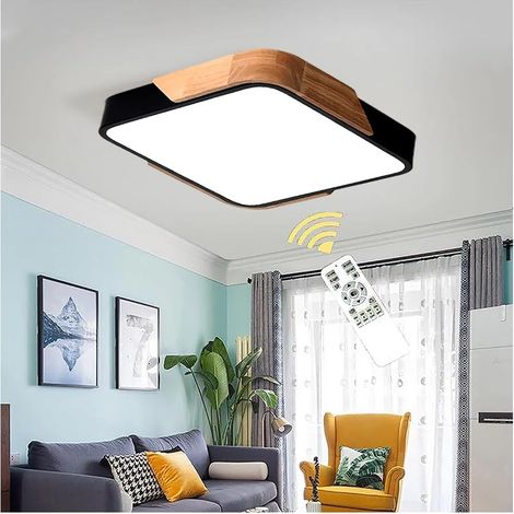 Plafonnier LED en bois, plafonnier rond d'intérieur à intensité variable 24 W, modèle Tmall Genie Smart Dimming (avec télécommande), idéal pour salon, chambre, cuisine et couloir, 30 cm (carré noir)