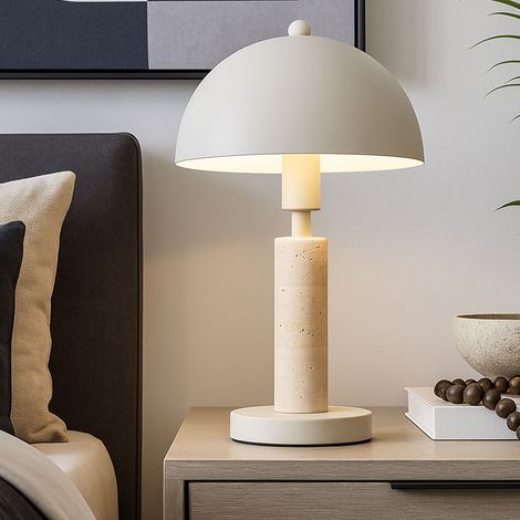 Tischleuchte Beistellleuchte Textil sandfarben Tischlampe Wohnzimmerlampe Travertine Stein, Metall, 1x E14 Fassung, DxH 20x34 cm