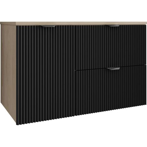 Mobile da bagno con frontale scanalato 100 cm (60+40) con cesto portabiancheria, noce chiaro (MDF), con frontale nero, maniglia nera, 100 x 47 x 60 cm (1/5)