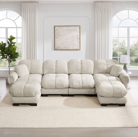 Sofá de esquina modular en U 4 plazas en chenilla, 2 otomanas móviles, light khaki OKMYHOME (1/5)