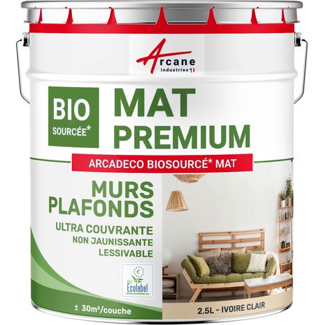Peinture mat, mur et plafond, biosourcée - Peinture chambre, salon, pièces à vivre - 2.5 L (+ ou - 30m² par couche) Ivoire Clair - RAL 1015 - ARCANE INDUSTRIES (1/5)