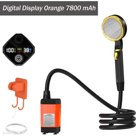 (Orange 7800mAh) Pompe de douche de camping, kit de douche extérieure pour camping-car, douche de camping avec écran numérique intelligent et réglable, outils d'extérieur (1/3)