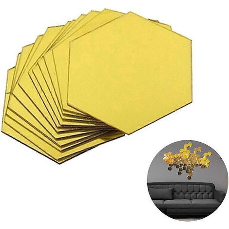 12 stickers muraux hexagonaux en acrylique effet miroir, décoration intérieure pour salon, bricolage, art moderne, fresque murale miroir 4x4m (doré)-Golden