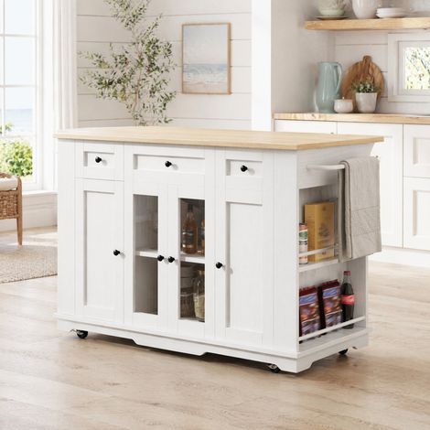 Îlot de cuisine pliant 151,5 x 60 x 91,7 cm, blanc et bois HAVRYA (1/5)