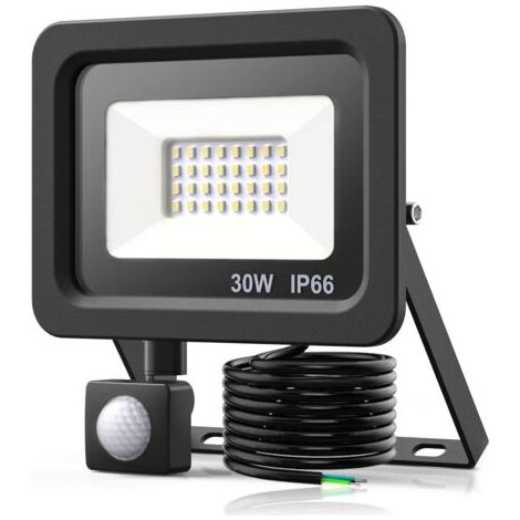 Projecteur LED à capteur de mouvement 30W, projecteur LED à capteur de mouvement extérieur 2400LM, projecteur LED extérieur étanche IP66 6500K avec câble de 1,5 m pour jardin, cour, cour, maison (1/5)