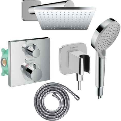 Colonne douche thermostatique HANSGROHE Ecostat Square Douche de tête Vernis Shape Flexible Metaflex Douchette Vernis Blend chromé