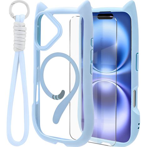 Funda para iPhone 16, MagSafe, Lindo Gato, Azul + Protector de Pantalla (1/5)