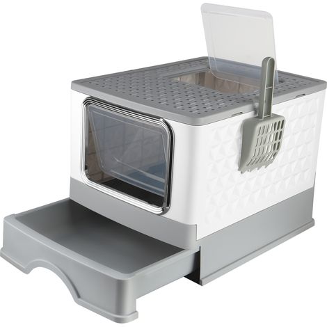 Faltbare Katzentoilette, Katzentoilette, Ausziehbare Streuschublade, Schaufel, 52x39x39cm, Grau (1/5)