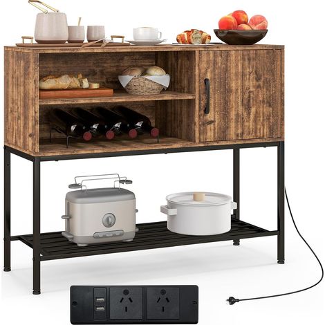 COSTWAY Credenza Buffet da Cucina, Mobile da Cucina con Prese Elettriche e Porte USB, con Portabottiglie e Mensole, per Sala da Pranzo, Soggiorno e Ingresso, 100 x 35 x 83 cm (Marrone)