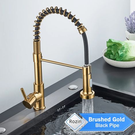 Robinet de cuisine noir mat (Or brossé A) avec douchette extractible, robinets de cuisine haut de gamme, double jet, flexible, mitigeur d'évier, eau chaude et froide. (1/5)