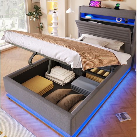 Lit rembourré moderne en lin gris 90x200 cm avec tête de lit, coffre hydraulique, LED et ports USB/Type-C (1/5)