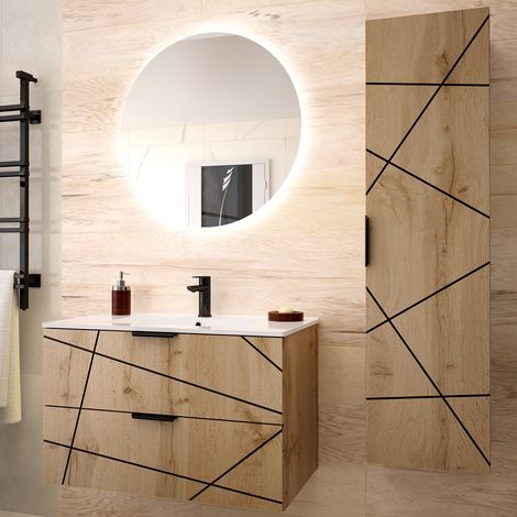 Waschtisch und Hängesäule 80cm Teren mit 2 Schubladen, Holzoptik
