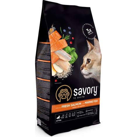 Alimento seco sabroso para gatitos jóvenes, salmón y pescado de mar, 2 kg. (1/3)