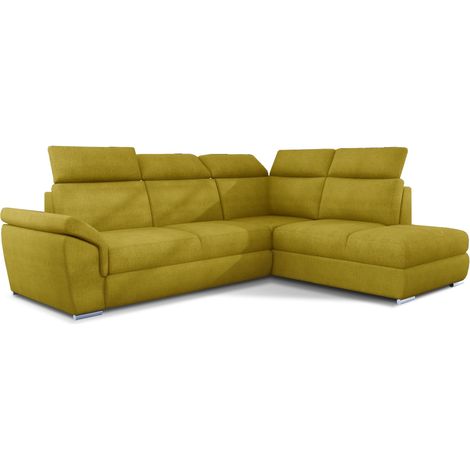 Canapé d'angle convertible en tissu KEPITA - Appuis-tête réglables et rangement-Jaune olive-angle droit (1/5)