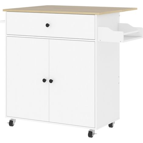Isla de cocina con ruedas blanca de MDF con encimera abatible, cajón y armario (1/5)