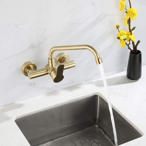 Kitchen Faucet Wall Mount Wire Drawing 304 Stainless Steel Food Grade Water Sink Mixer Tap Wall Mounted 360° Swivel Gold Faucets (1/5)