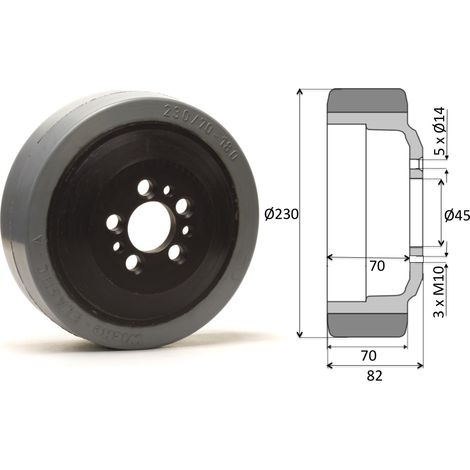 Roue motrice 230 x 70 - 5 trous CAOUTCHOUC GRIS ( Jungheinrich 63210590 - NM)