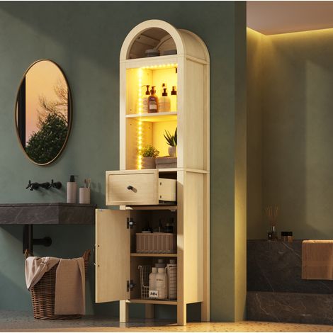 Badezimmerschrank 40x30x163 cm aus MDF in Naturholzoptik mit LED – MEUBLIV (1/5)