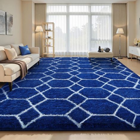 Tapis de Salon, à Poils Longs, Tapis Chambre Bleu, 140x200cm, antidérapant, Extra Large, Moelleux et Moderne, pour Chambre à Coucher, Chambre d'enfant (1/5)