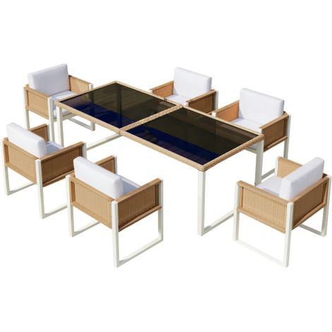 Salon de jardin encastrable résine tressée ensemble table chaises 6 personnes repas extérieur fauteuils avec coussins déhoussables lavables (1/5)