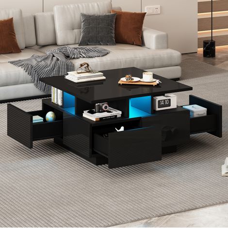 Couchtisch aus Spanplatte in Schwarz Hochglanz 70 x 70 cm mit LED und 4 Schubladen (1/5)