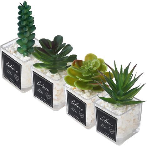 Set of 4 Artificial Plants, Artificial Plants for Interiors, Artificial Succulents with Glass Pots, Ideal for Decorating a Wedding, Office, Living Room or Bathroom (Green) (1/5)