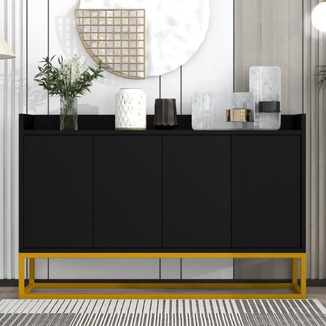 Sideboard, Anrichte, Buffetschrank mit 4 Türen, ohne Griffe, 3 Einlegeböden, Metallrahmen, modern, 120x30x80cm - Schwarz (1/5)
