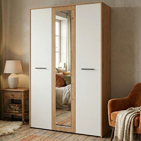 Guardarropa 3 Puertas Lavagno, Armario Dormitorio con Perchero, 5 Estantes, 7 Compartimentos, 119x53 cm Blanco Roble Nudoso (1/5)