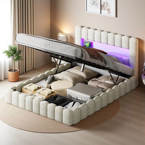 Lit double 140x200 cm - Tissu en Lin - USB et LED - Sommier à 12 lattes - cadre de lit 140x200 cm - Beige (1/5)