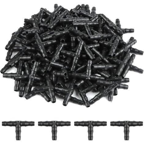 KZQ Conector de manguera en T de 4/7 mm, 100 unidades, conector de riego, boquilla atomizadora, microaspersión, junta de riego para sistemas automáticos de mangueras. (1/4)