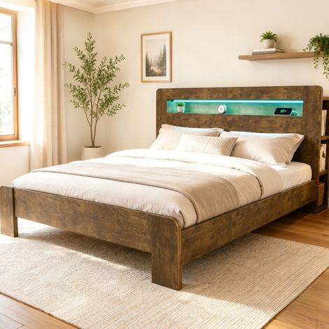 Bett aus Holz im Vintage-Look 180x200 cm mit Stauraum-Kopfteil, LED-Beleuchtung und Steckdosen