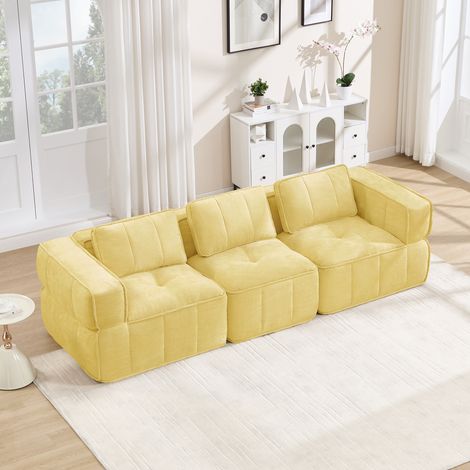 Sofá modular de 3 plazas, diseño sin soportes, espuma de alta densidad 32D, tejido cómodo, apto para salón, diseño antideslizante, no requiere montaje, color amarillo. (1/5)