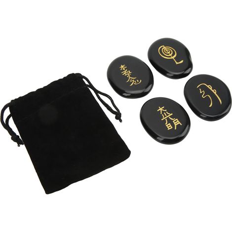 Un ensemble de 4 pierres à symboles Reiki, surface lisse, pierres Reiki sculptées, adaptées à la décoration intérieure, aux objets de méditation ou aux cadeaux, en obsidienne. (1/5)