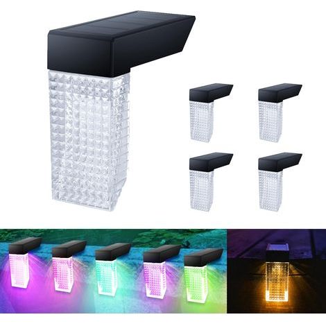 Lampes solaires de terrasse pour usage extérieur, lampes solaires LED de 20 lumens pour escaliers, marches, clôtures, jardins, terrasses et allées extérieures (blanc chaud et couleurs RGB, lot de 4) (1/5)