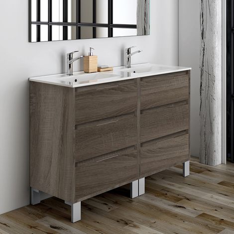 Meuble de salle de bain 120cm double vasque - 6 tiroirs - sans miroir - Britannia (chêne foncé) - TIRIS 3C (1/4)