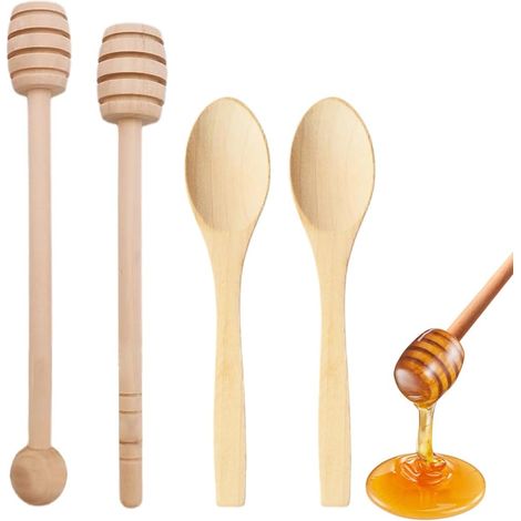 Juego de 4 utensilios de madera natural para miel (2 palitos + 2 cucharas) (1/5)