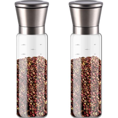 Moulin à Sel et Poivre - Corps en Verre Borosilicate Sans Plomb - Mécanisme Céramique Réglable - Acier Inoxydable Brossé - 2 Pièces (1/5)