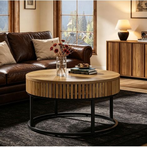 Tavolino rotondo 80x80x45 cm in MDF e metallo nero e marrone - CHICFURN (1/5)
