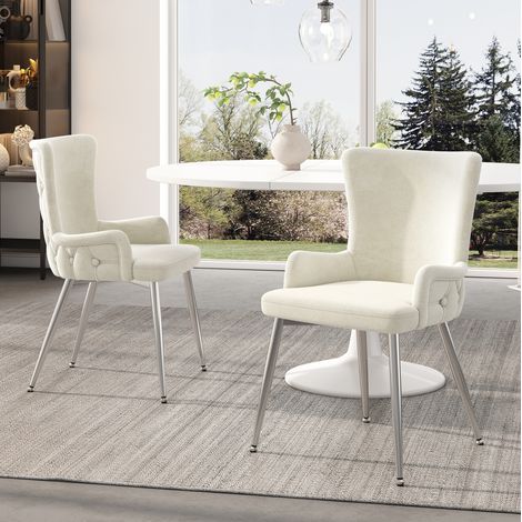 Esszimmerstuhl aus Samt in Beige und Silber, 2er-Set, Metallbeine,55×47×85cm (1/5)