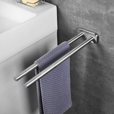 Porte-Serviettes Mural en Acier Inoxydable Double Barre Dessinée en Procédé Argent Multifonctionnel pour Salle de Bain, Hôtel - 40 x 10 x 5 cm (1/4)