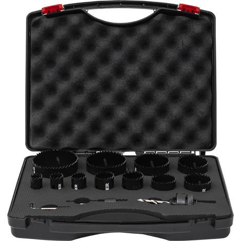 STIER Lochsägen-Set, HSS-Co8 Bimetall, 14-teilig 20, 22, 25, 32, 35, 40, 44, 51, 60, 68 & 76 mm, für Handbohrmaschinen, Lochkreissäge Bohrkronen für Kunststoffe, Metall, Laminat u.v.m. (1/5)