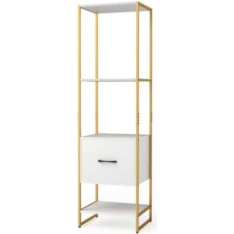 Gain de place bibliothèque étroite 5 niveaux avec tiroir, étagère haute blanche, anti-basculement pour salon (1/5)