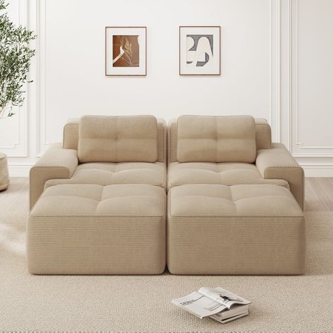 Canapé droit modulaire Cloud-L canapé 2 places-velours côtelé-beige-tabouret inclus-204x177x69cm (1/5)