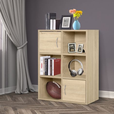 Librería de madera, armario multiusos con 3 estantes, 4 compartimentos y 2 puertas, 61,5 x 29,5 x 80 cm. (1/5)