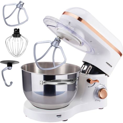 AREBOS Stand Mixer 1500W with 6L stainless steel mixing bowl white rose gold incl. mixing hook, dough hook, whisk splash guard 6 speeds kneading machine dough machine (1/5)