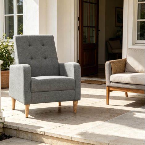 Fauteuil rembourre en lin gris fonce avec accoudoirs, hauteur 90,5 cm, charge max 150 kg (1/5)