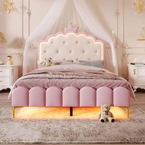 Lit Rembourré Enfant 140x200cm Design Couronne Princesse avec LED Rose - Lit Enfant - En PU Facile à Nettoyer Sommier Inclus (1/5)